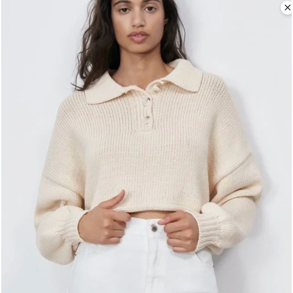 Zara Cropped Knit Polo Sweater Cream Chunky Ribbed Button Collar Small